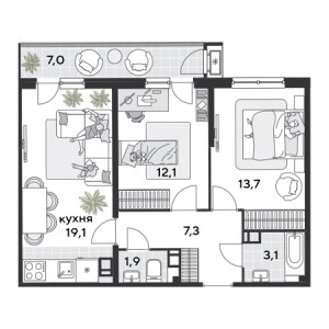 2 комнатная 64.2м²