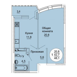 1 комнатная 46.1м²