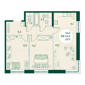 3 комнатная 63.9м²