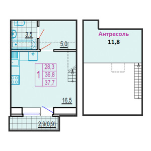 1 комнатная 37.7м²