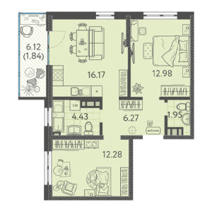 2 комнатная 55.92м²