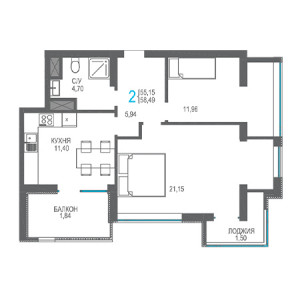 2 комнатная 58.49м²