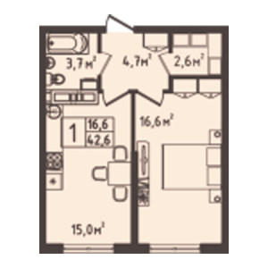 1 комнатная 42.6м²