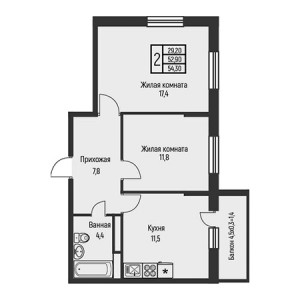 2 комнатная 54.3м²