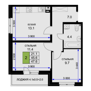 2 комнатная 47.6м²