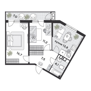 2 комнатная 60.3м²