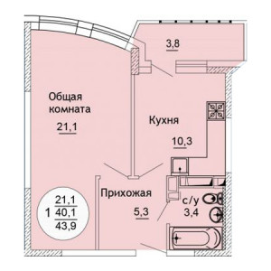 1 комнатная 43.9м²