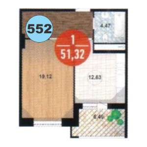 1 комнатная 51.32м²