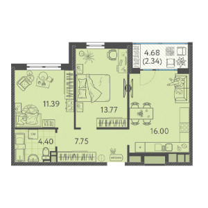 2 комнатная 55.65м²