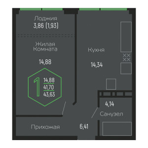 1 комнатная 43.63м²