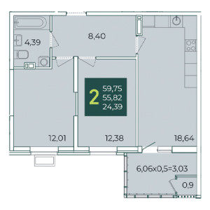 2 комнатная 59.75м²