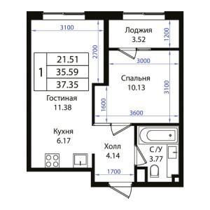 1 комнатная 37.35м²