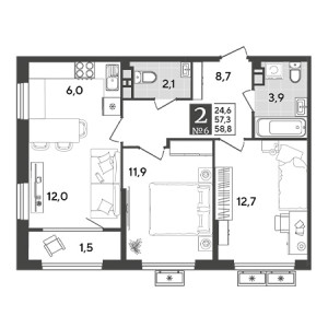 2 комнатная 58.8м²