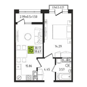 1 комнатная 39.67м²