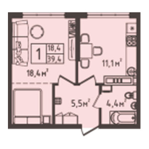 1 комнатная 39.4м²