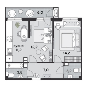 2 комнатная 57.6м²