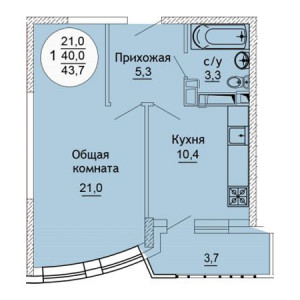 1 комнатная 43.7м²