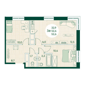 3 комнатная 52.6м²