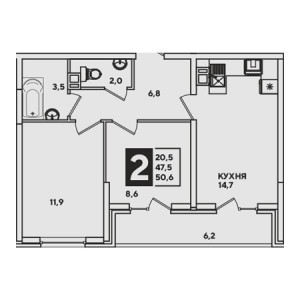 2 комнатная 50.6м²