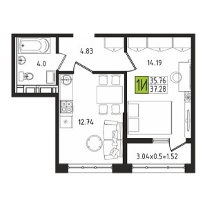 1 комнатная 37.28м²