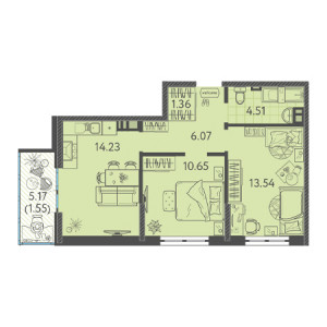 2 комнатная 51.91м²