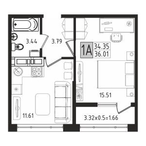 1 комнатная 36.01м²