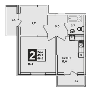 2 комнатная 48.6м²