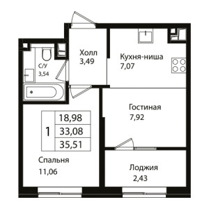 1 комнатная 35.51м²