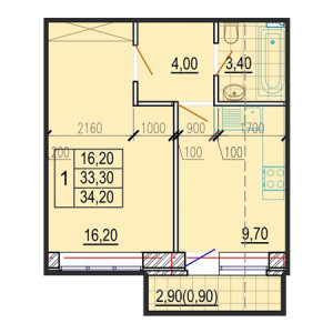 1 комнатная 34.2м²