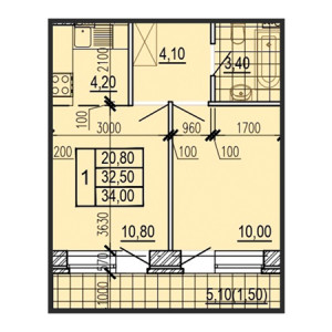 1 комнатная 34м²