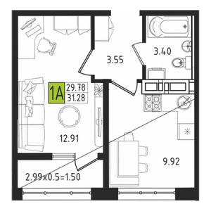 1 комнатная 31.28м²