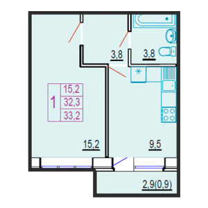 1 комнатная 33.2м²