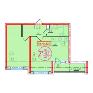 1 комнатная 48.6м²