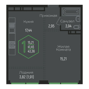 1 комнатная 43.36м²