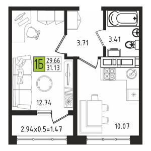 1 комнатная 31.13м²