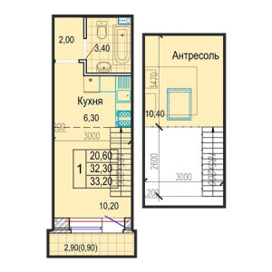 1 комнатная 33.2м²