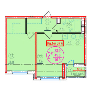 1 комнатная 46.9м²