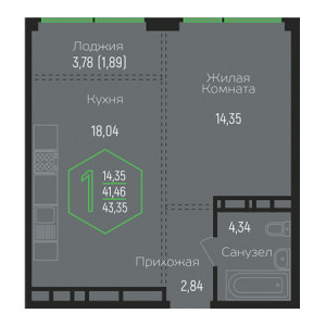 1 комнатная 43.35м²