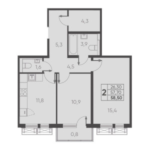 2 комнатная 58.50м²