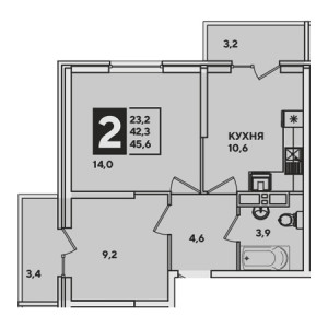 2 комнатная 45.6м²