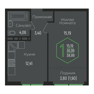 1 комнатная 38.86м²