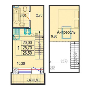 1 комнатная 26.5м²