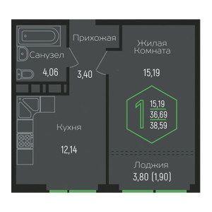 1 комнатная 38.59м²