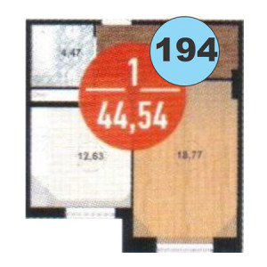 1 комнатная 44.54м²