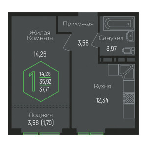 1 комнатная 37.71м²