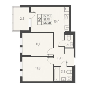 2 комнатная 54.50м²