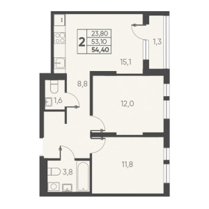 2 комнатная 54.40м²