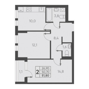 2 комнатная 51.80м²