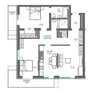 3 комнатная 102.36м²