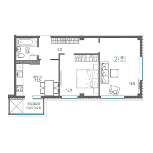 2 комнатная 57.1м²